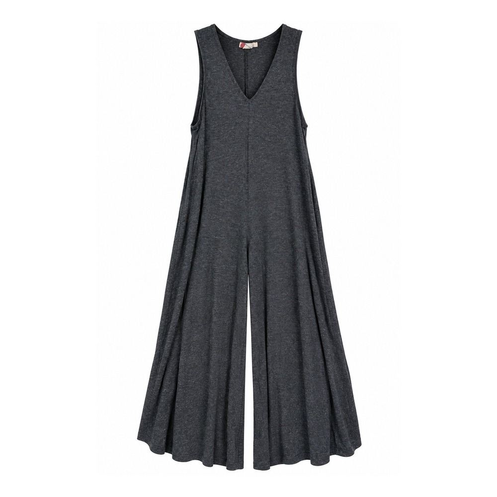 Free People Beach Womens Small Gray Wide Leg Jumpsuit V-Neck Linen Blend Pockets